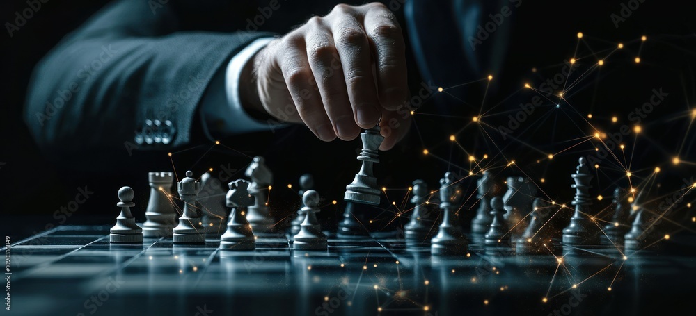 Poster A hand moves a chess piece on a board, symbolizing strategy and intellect in a dark setting.