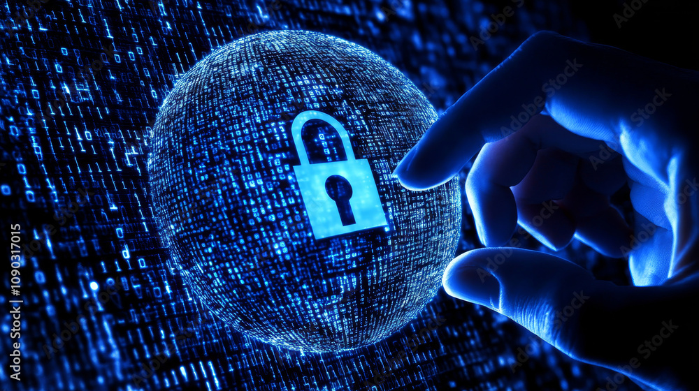 Poster a hand touches a digital globe showing a lock and code. this represents global business security.
