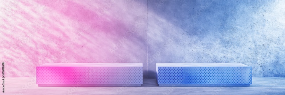Poster Two minimalist platforms with gradient lighting against a textured wall.
