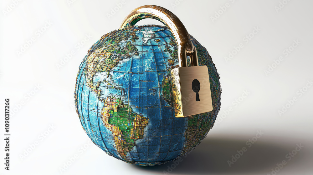Poster a digital earth image, secured with a lock and code, symbolizes global business security. it's a 3d 