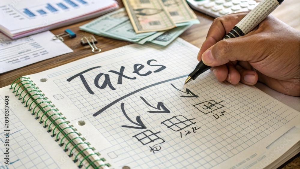 Aufkleber Closeup of a hand writing Taxes in a notebook filled with various expense categories and arrows pointing towards total amounts.