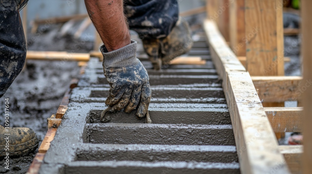 Poster a detailed portrait of a formwork carpenter assembling concrete molds for a building foundation, for
