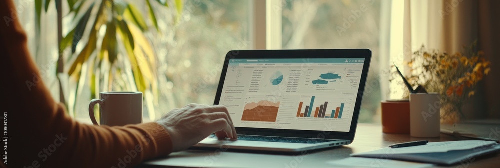 Poster A person using a laptop to analyze data with charts and graphs in a cozy workspace.