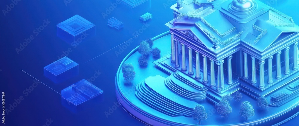 Aufkleber a stylized architectural rendering of a grand building with a blue digital theme.