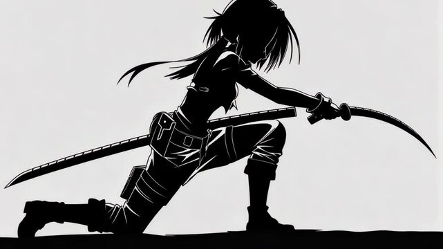Stunning silhouette of a fierce warrior girl in an epic pose holding a curved sword in D anime art style.