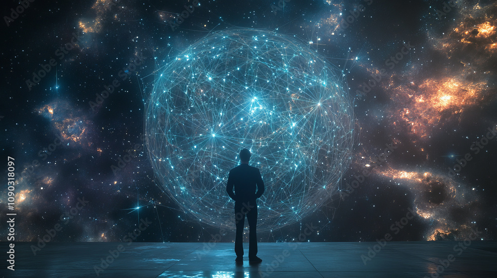 Poster a man interacts with a global network shown as an abstract image against a space backdrop. this repr