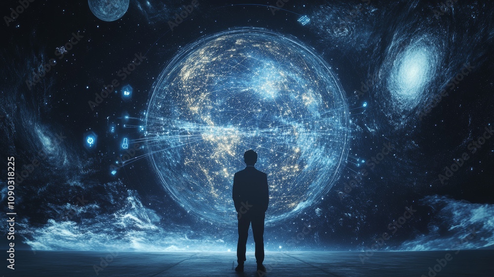 Poster a man interacts with a global network shown as an abstract image against a space backdrop. this repr