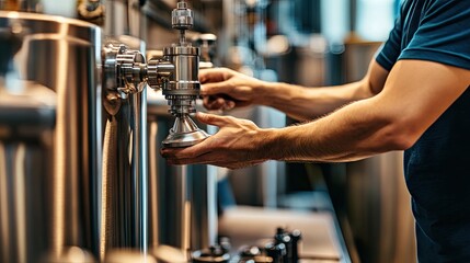 Professional Brewer Adjusting Equipment in a Modern Brewery, Focusing on Craft Beverage Production and Quality Control Techniques in a Cozy Industrial Setting