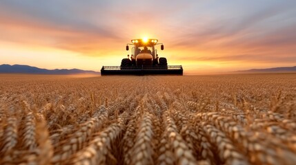 Fototapeta premium A tractor in the middle of a wheat field at sunset