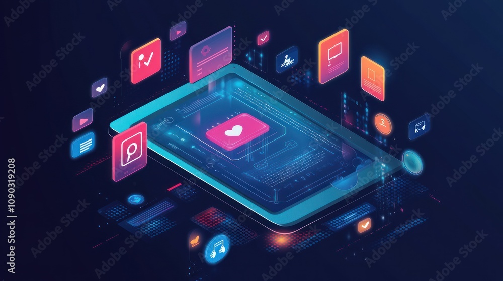 Poster A digital illustration of a smartphone surrounded by various app icons and data elements.