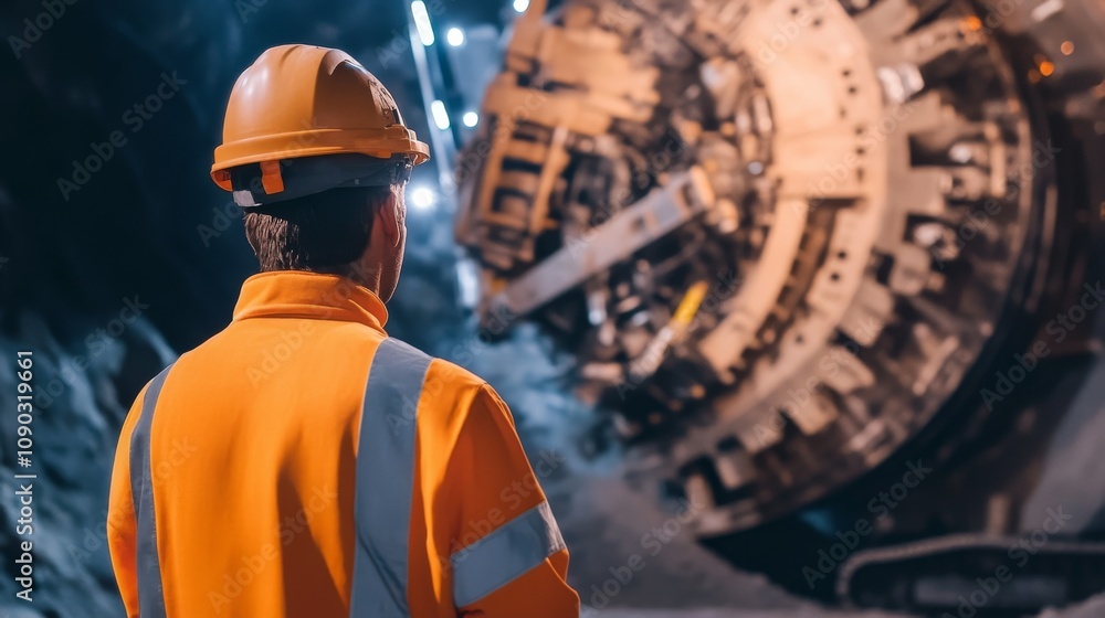 Aufkleber A detailed portrait of a tunnel construction engineer monitoring tunnel boring machine progress underground, Tunnel excavation scene, Strategic and underground style