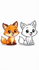 Fototapeta premium Adorable Fox Cartoon Character in Color and Outline Versions