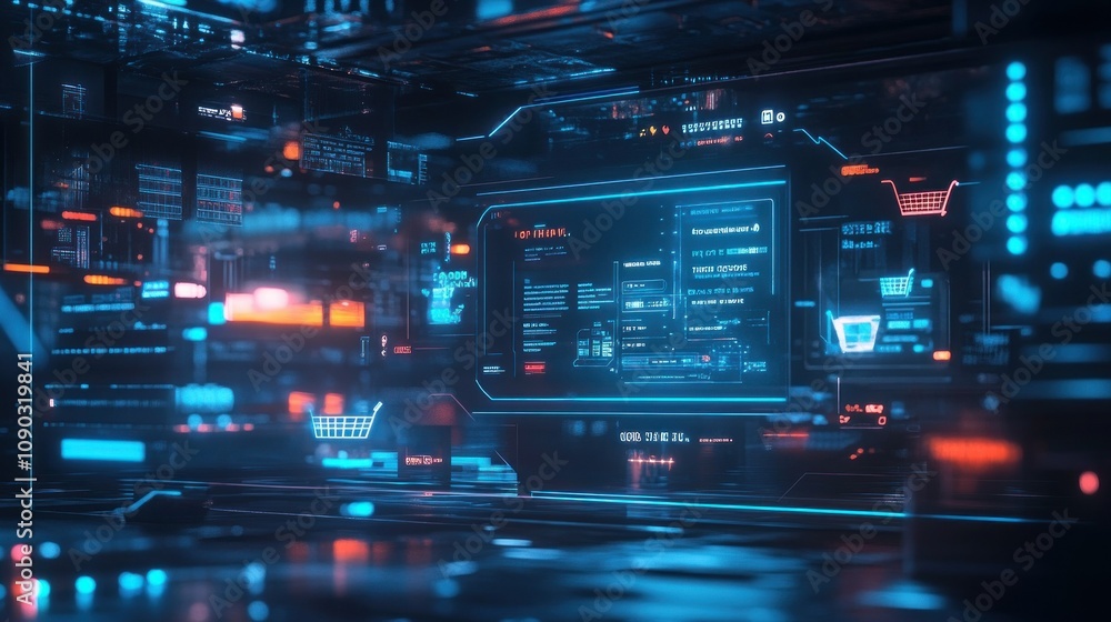 Poster Futuristic digital interface showcasing data analysis and technology.