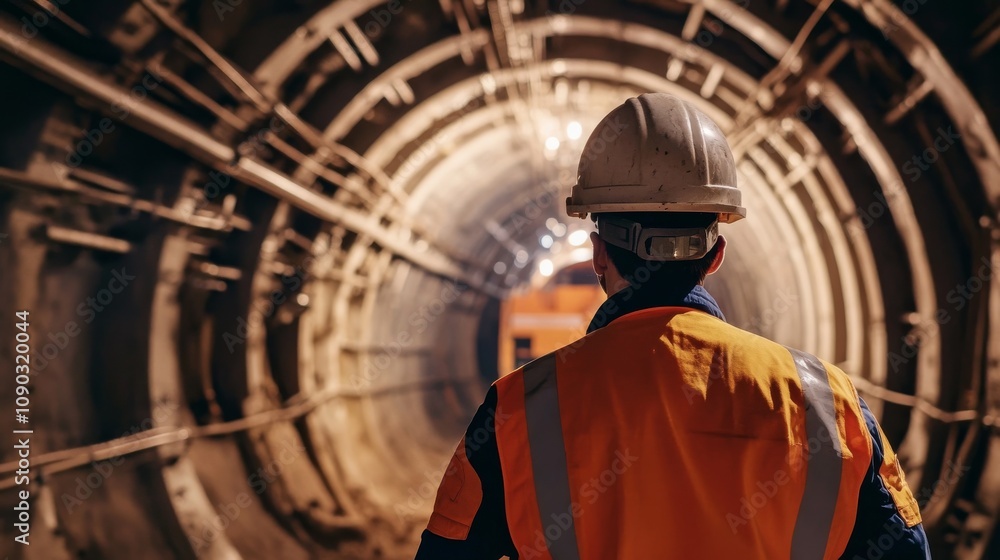 Poster a detailed portrait of a tunnel construction engineer monitoring tunnel boring machine progress unde