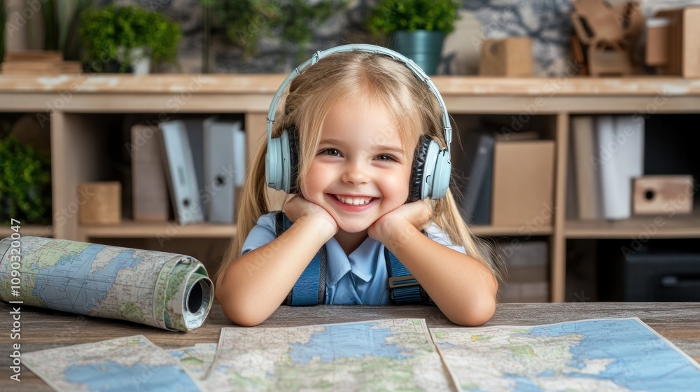 Poster a cheerful girl with headphones smiles while exploring maps on a table.