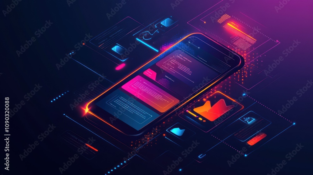 Poster A digital smartphone surrounded by data visualizations and notifications.