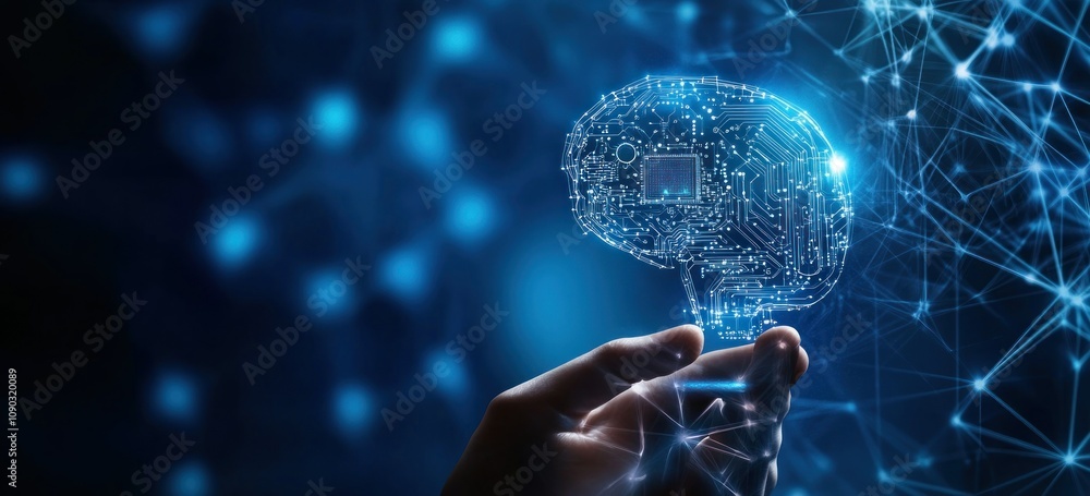 Poster a digital brain held in a hand, symbolizing the fusion of technology and human intellect.