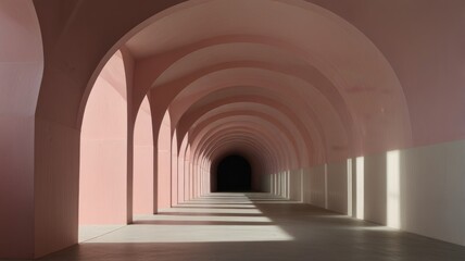 Sunlit pink arched hallway leading to darkness.