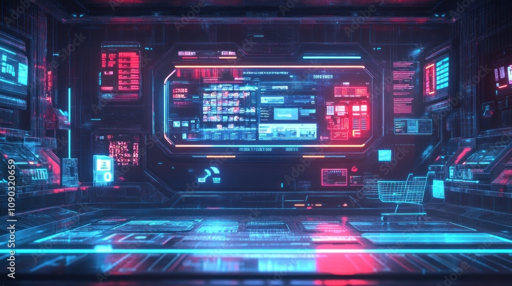 Aufkleber futuristic digital workspace with neon interfaces and holographic displays.