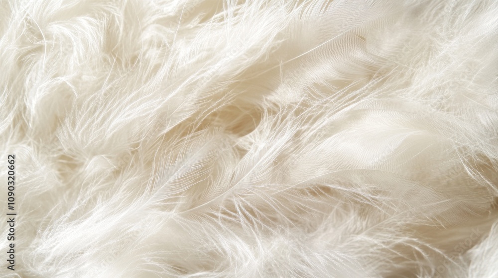 Poster a close-up view of soft, white feathers lying on a fluffy surface.