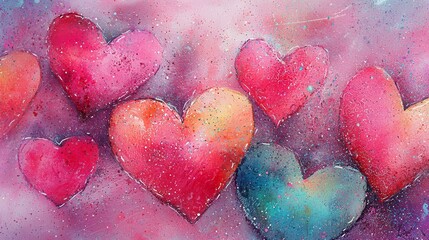 Obraz premium A painting of a group of colorful hearts on a pink background