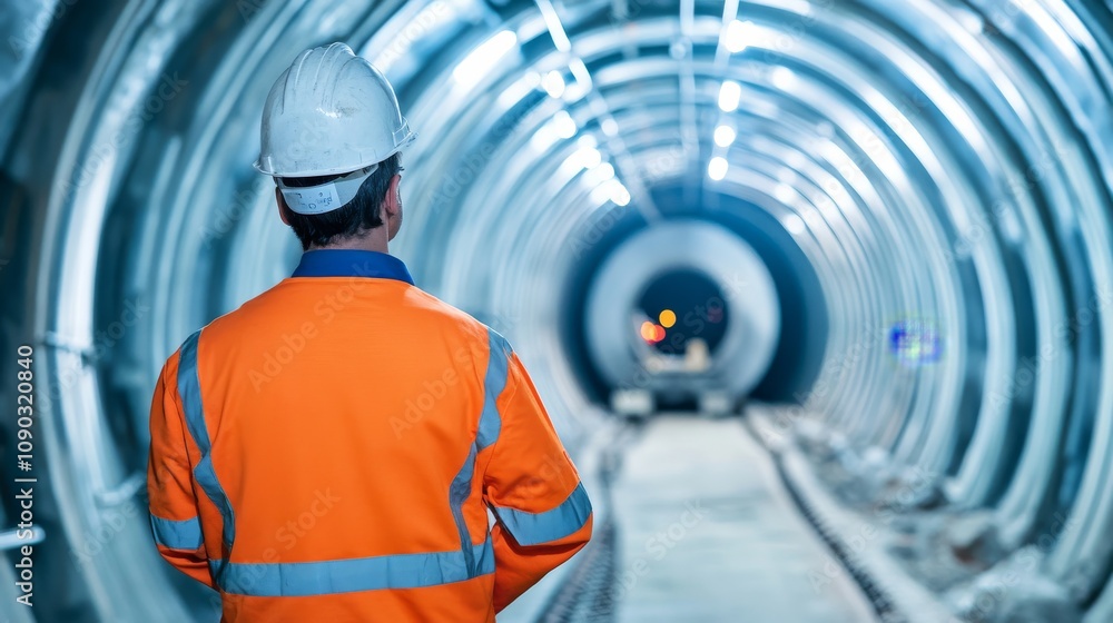 Aufkleber a detailed portrait of a tunnel construction engineer supervising tunnel reinforcement installation 