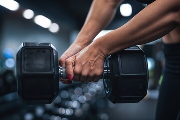 Gym Workout Close-Up: Woman Gripping Dumbbell Bar, Highlighting Strength and Focus
