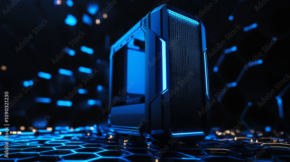 Aufkleber a powerful blue computer, shown in a 3d image. the background is black with a honeycomb pattern.