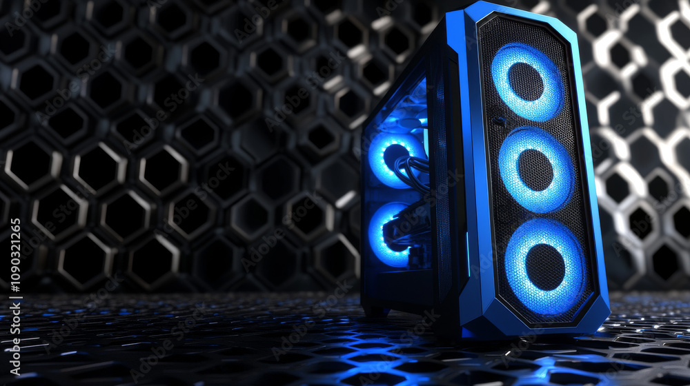 Poster a powerful blue computer, shown in a 3d image. the background is black with a honeycomb pattern.