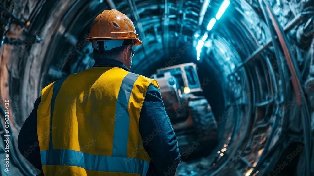 Poster a detailed portrait of a tunnel engineer inspecting tunnel boring machine operations underground, tu