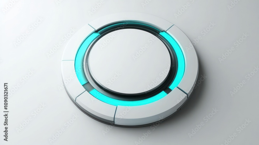 Poster a sleek, futuristic button with a glowing blue ring, possibly for a tech device.