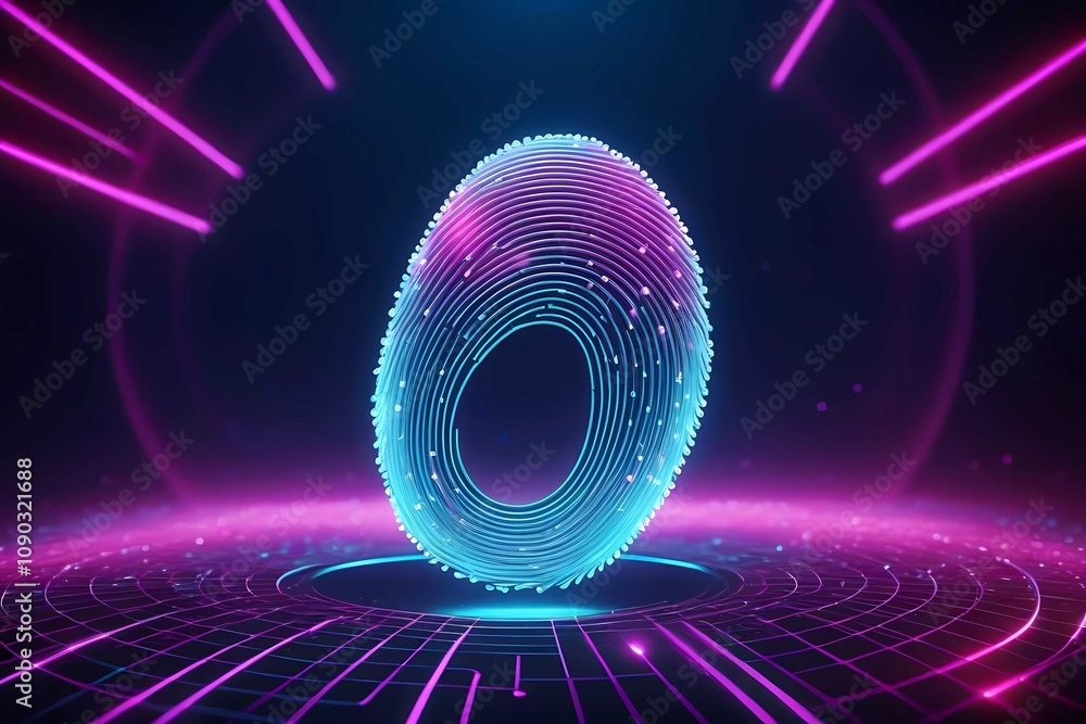 Poster 3d futuristic fingerprint with glowing plexus lines, shimmering particles, and digital technology in