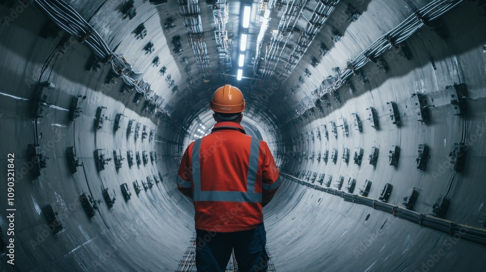 Poster a detailed portrait of a tunnel engineer inspecting tunnel boring machine progress underground, tunn