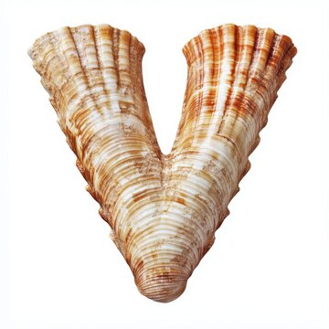 A large, symmetrical seashell shaped like the letter "V" with ridged patterns.