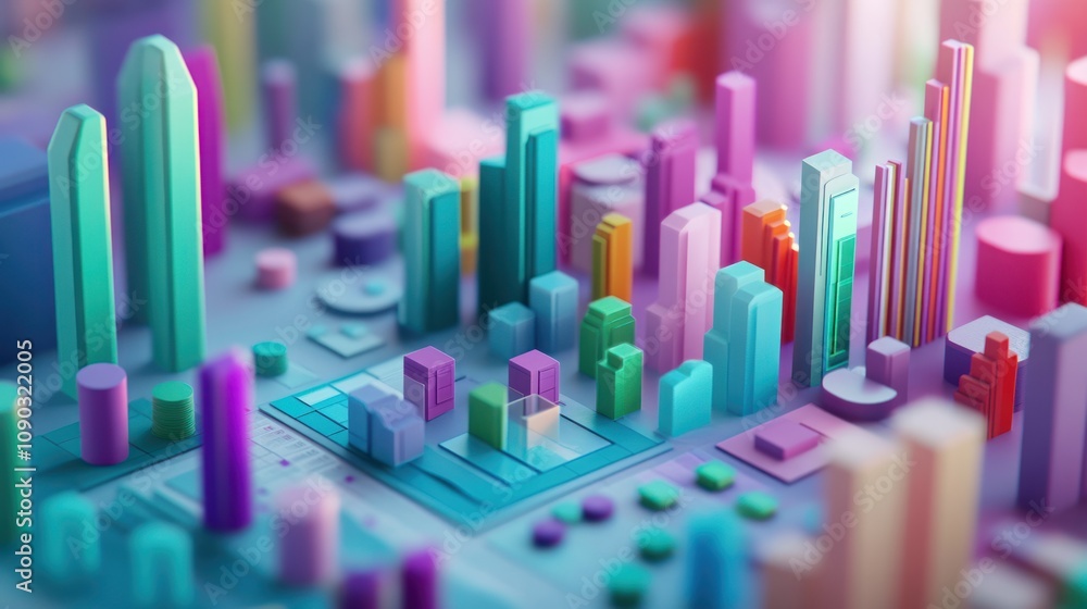 Poster a colorful 3d cityscape model featuring various buildings and structures.