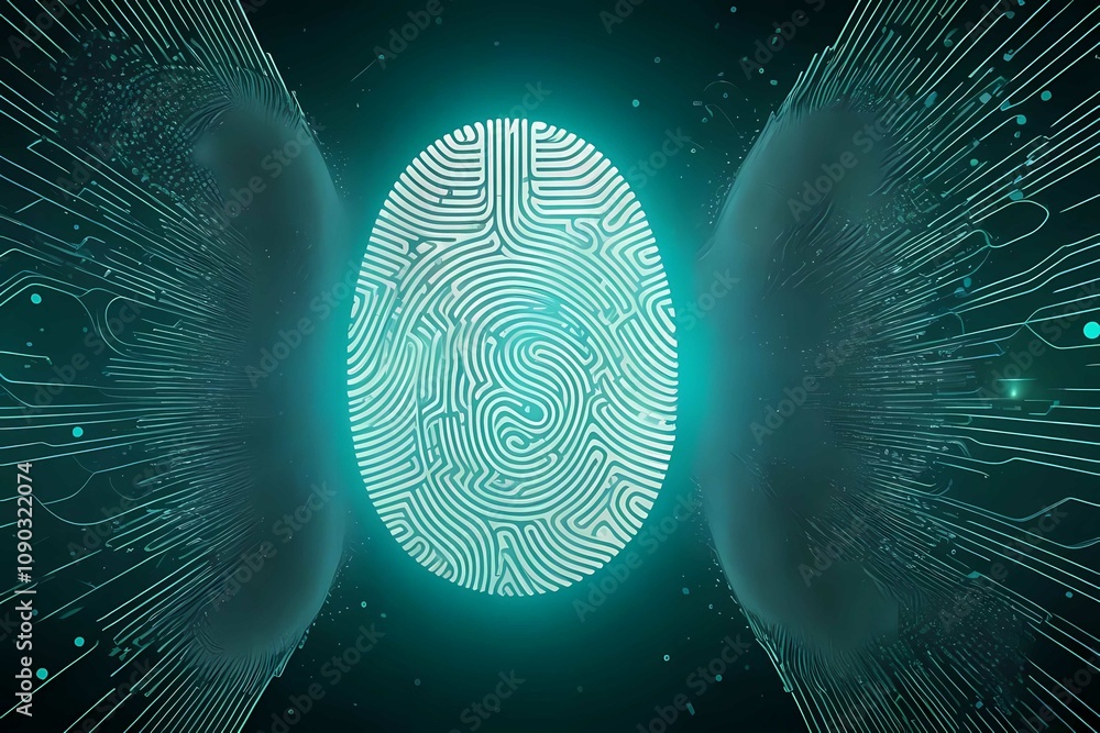 Poster futuristic glowing fingerprint with plexus lines, holographic particles, and digital technology back