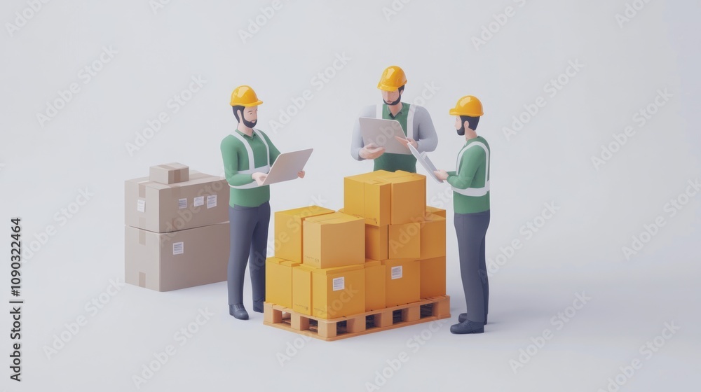 Poster three workers analyzing packages on a pallet in a warehouse setting.