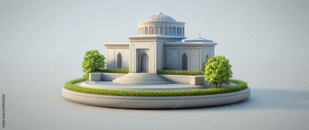 Poster A stylized architectural structure surrounded by greenery and steps.