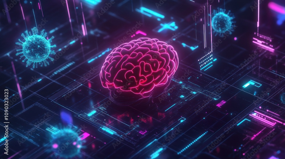 Poster A digital brain surrounded by floating virus-like structures in a neon-lit environment.