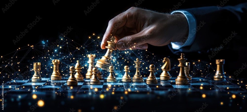 Poster a hand moves a chess piece on a glowing chessboard, symbolizing strategy and intellect.