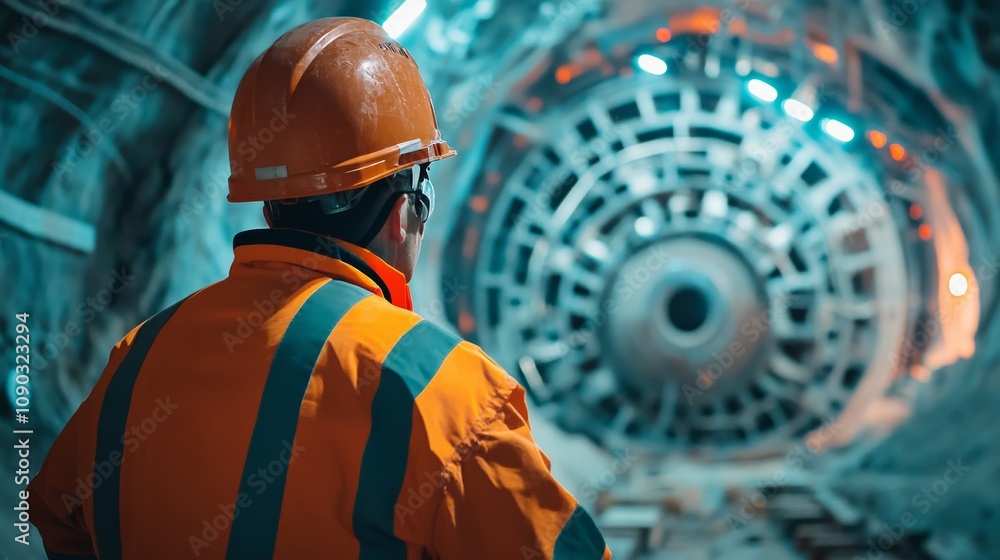 Poster a detailed portrait of a tunnel engineer monitoring tunnel boring machine operations underground, un