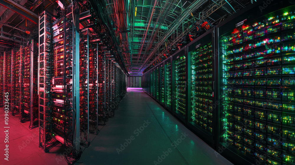 Poster a large room filled with computer servers, shown in a 3d image. this represents a cloud data center.