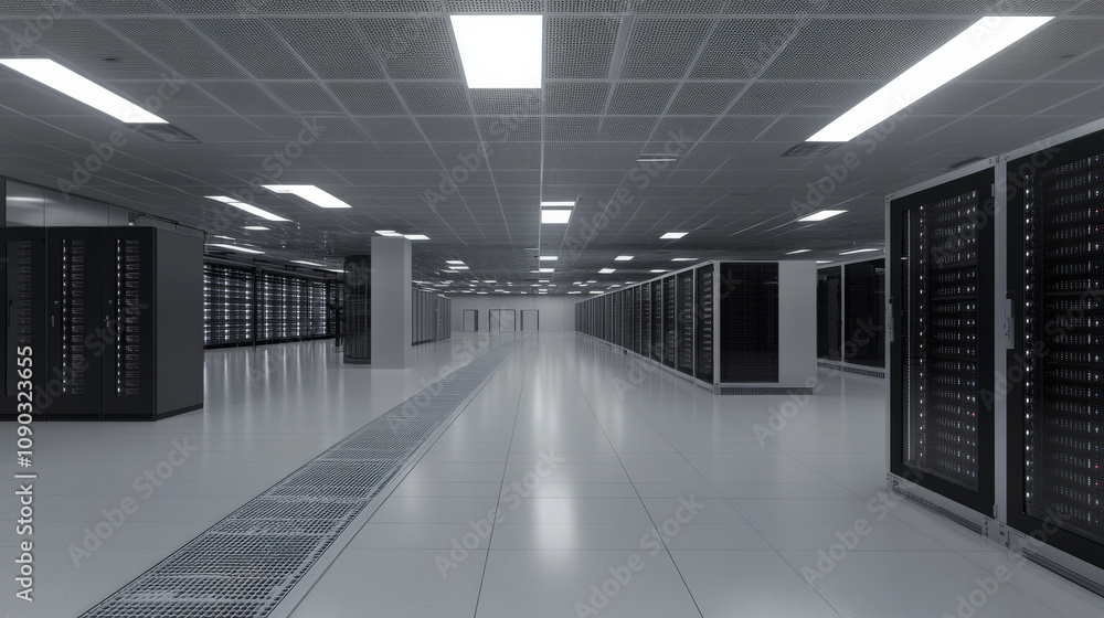 Poster a large room filled with computer servers, shown in a 3d image. this represents a cloud data center.