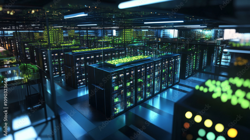 Aufkleber a large room filled with computer servers, shown in a 3d image. this represents a cloud data center.