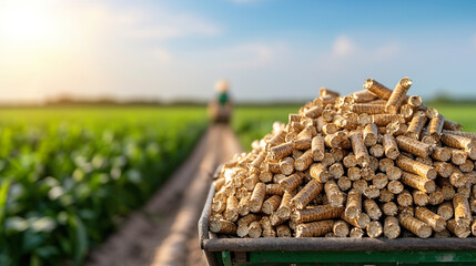 cart filled with wood pellets is set against vibrant green field under clear blue sky