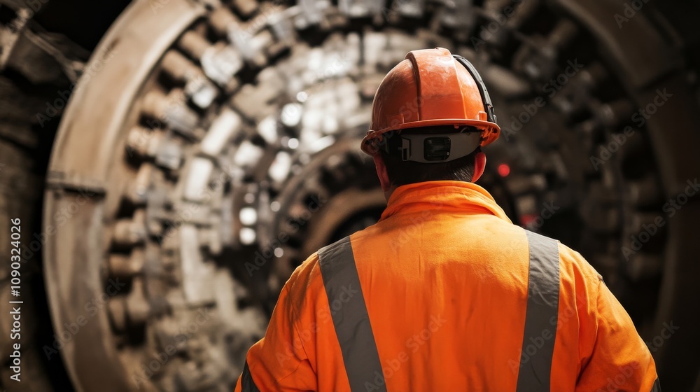 Poster a detailed portrait of a tunnel engineer overseeing tunnel boring machine operations underground, tu
