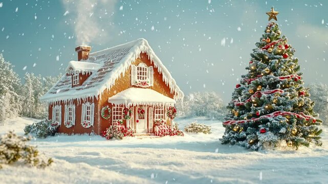 A gingerbread house with a decorated Christmas tree beside it and snow-covered ground, with clear copy space. 4k UHD
