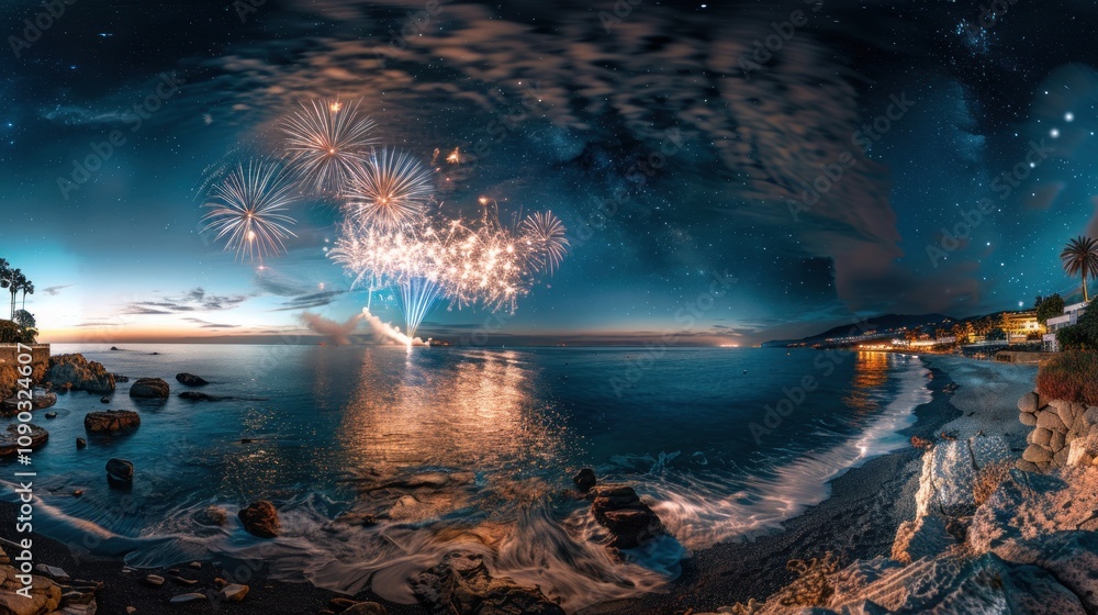 Poster a panoramic view of a beach with fireworks exploding over the sea at night.