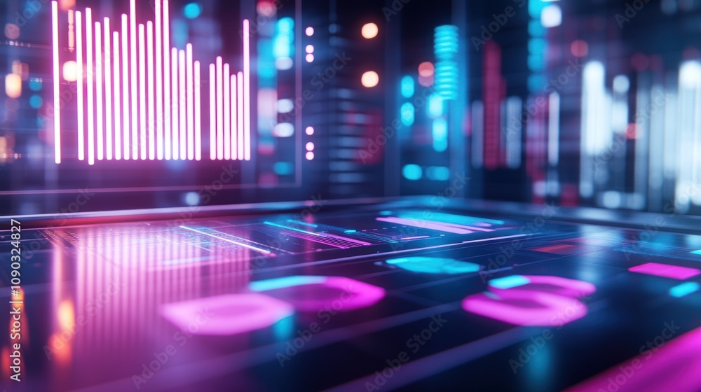 Aufkleber A futuristic digital interface with vibrant data visualizations and controls.