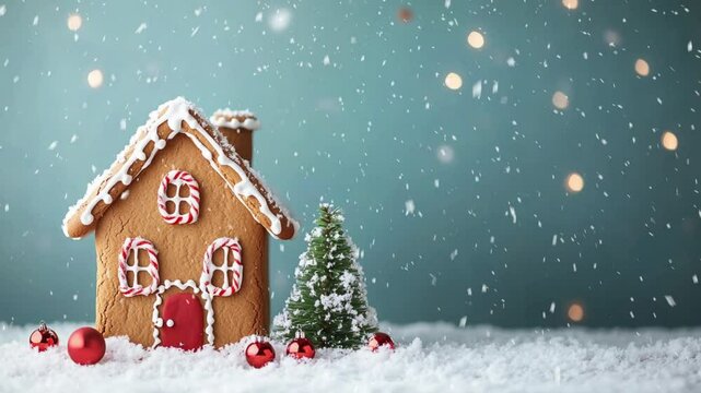 A gingerbread house with a decorated Christmas tree beside it and snow-covered ground, with clear copy space. 4k UHD